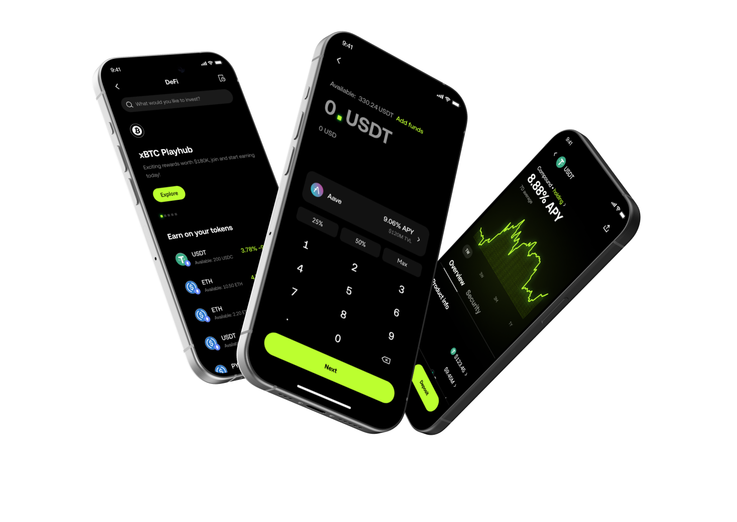 Three iPhones showing the DeFi playhub UI